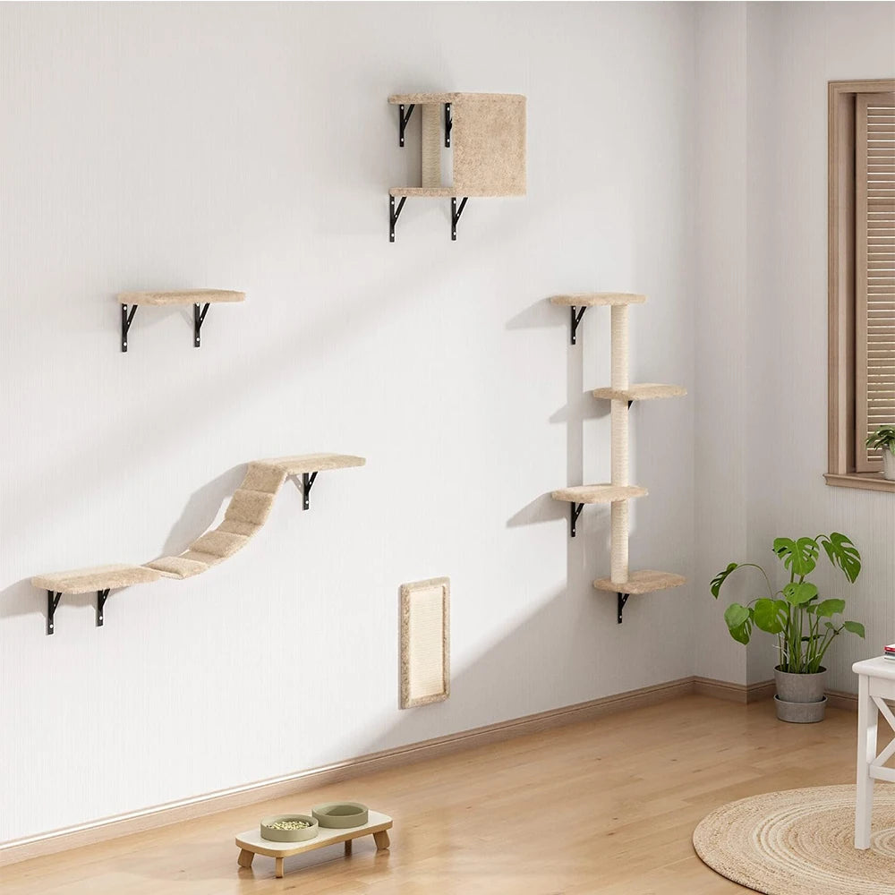 Cat Climbing Tree Wall Mounted Wooden Cat Shelves Jumping Furniture Cat Scratching Post Hammock Stairs Playing Climbing Frame