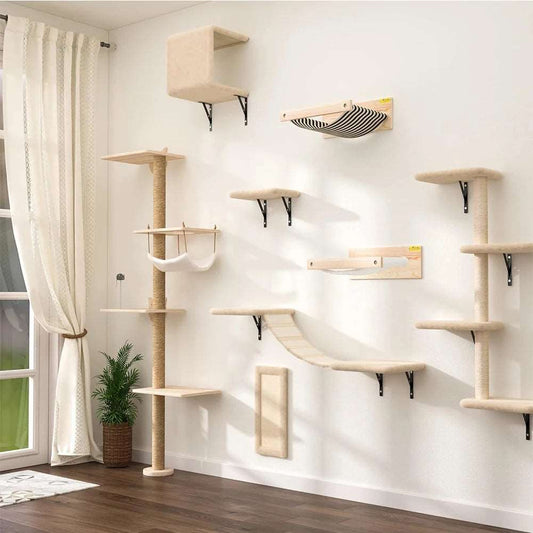 Cat Climbing Tree Wall Mounted Wooden Cat Shelves Jumping Furniture Cat Scratching Post Hammock Stairs Playing Climbing Frame